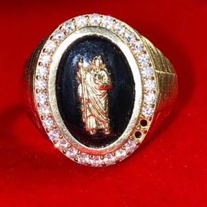 14k Gold Diamond Ring Judas Piece Size 15 Unisex Preowned With Black Stone